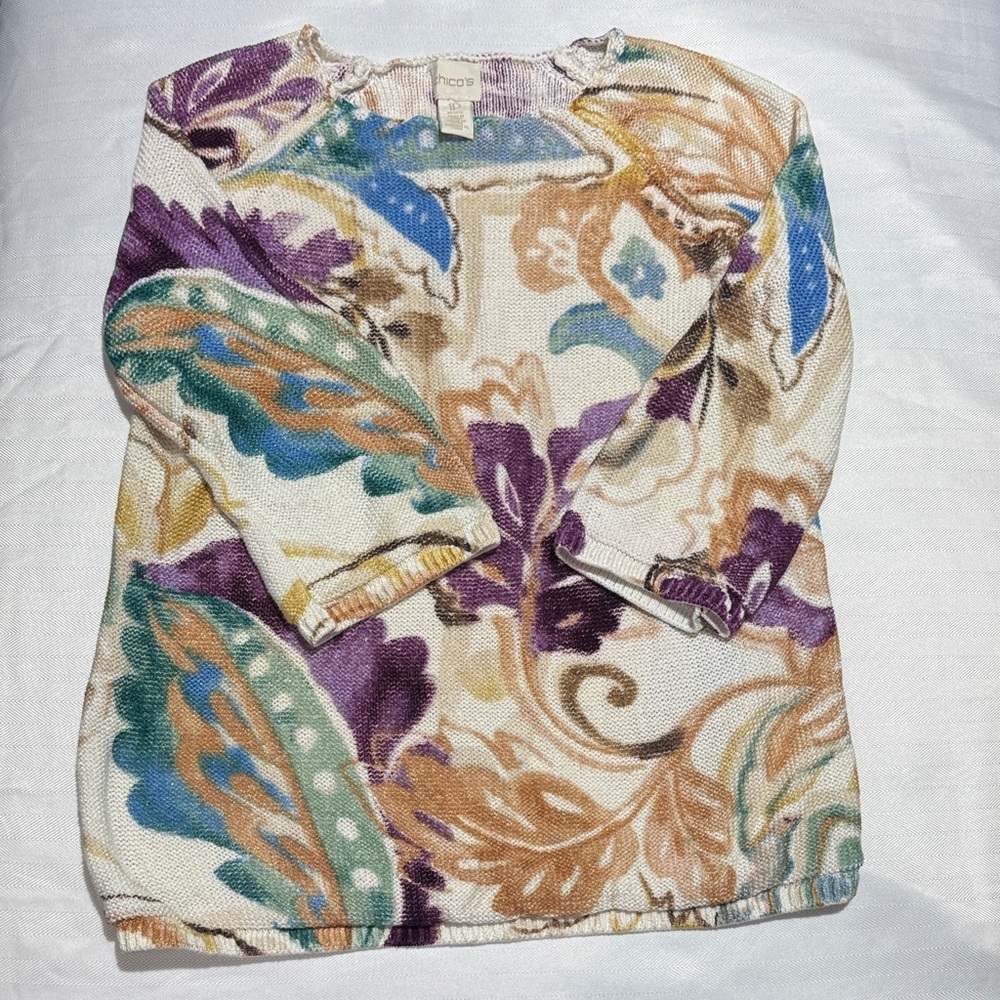 Chico's Cream Paisley Knit Tunic with Purple and Teal Accents